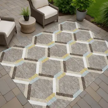 5' X 8' Brown Ivory And Beige Geometric Washable Indoor Outdoor Area Rug