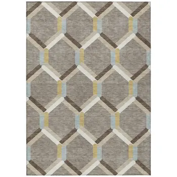 5' X 8' Brown Ivory And Beige Geometric Washable Indoor Outdoor Area Rug