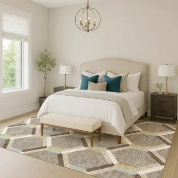 5' X 8' Brown Ivory And Beige Geometric Washable Indoor Outdoor Area Rug