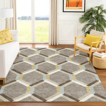 5' X 8' Brown Ivory And Beige Geometric Washable Indoor Outdoor Area Rug