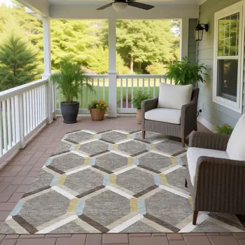 5' X 8' Brown Ivory And Beige Geometric Washable Indoor Outdoor Area Rug