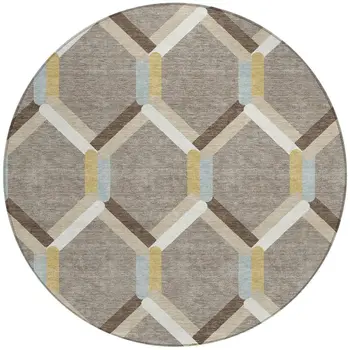 8' Brown Ivory And Beige Round Geometric Washable Indoor Outdoor Area Rug