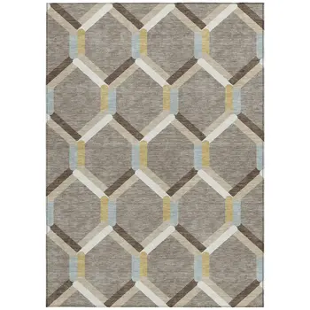 10' X 14' Brown Ivory And Beige Geometric Washable Indoor Outdoor Area Rug