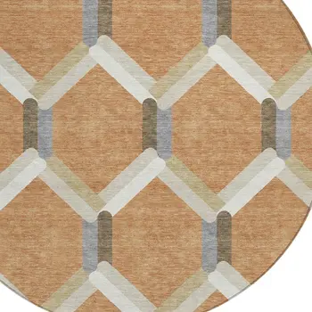 8' Copper Ivory And Gray Round Geometric Washable Indoor Outdoor Area Rug