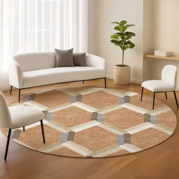 8' Copper Ivory And Gray Round Geometric Washable Indoor Outdoor Area Rug