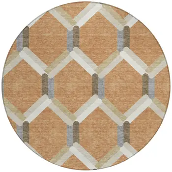 8' Copper Ivory And Gray Round Geometric Washable Indoor Outdoor Area Rug
