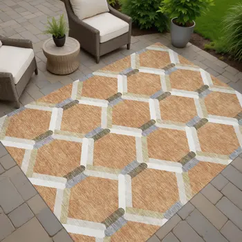 8' X 10' Copper Ivory And Gray Geometric Washable Indoor Outdoor Area Rug