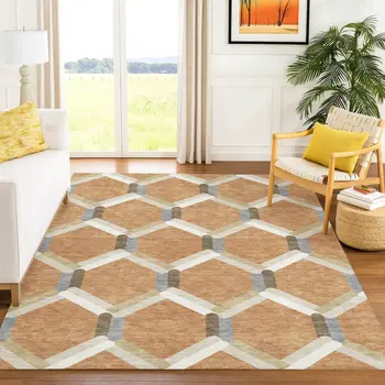 8' X 10' Copper Ivory And Gray Geometric Washable Indoor Outdoor Area Rug