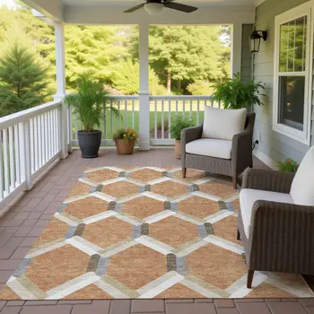 8' X 10' Copper Ivory And Gray Geometric Washable Indoor Outdoor Area Rug