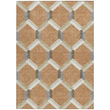 9' X 12' Copper Ivory And Gray Geometric Washable Indoor Outdoor Area Rug