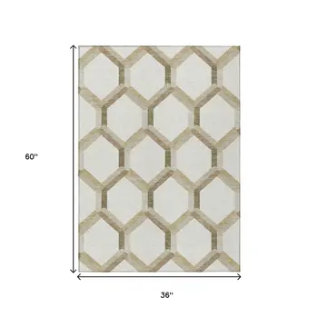 3' X 5' Ivory And Brown Geometric Washable Indoor Outdoor Area Rug