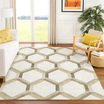 3' X 5' Ivory And Brown Geometric Washable Indoor Outdoor Area Rug