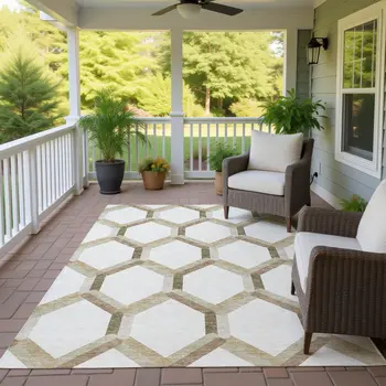3' X 5' Ivory And Brown Geometric Washable Indoor Outdoor Area Rug