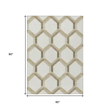 5' X 8' Ivory And Brown Geometric Washable Indoor Outdoor Area Rug