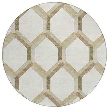 8' Ivory And Brown Round Geometric Washable Indoor Outdoor Area Rug