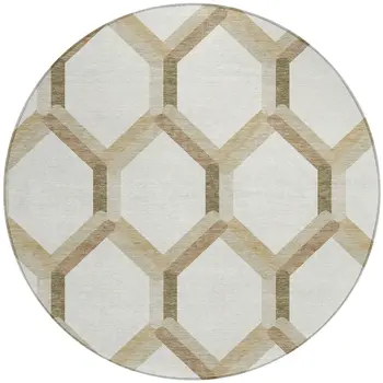 8' Ivory And Brown Round Geometric Washable Indoor Outdoor Area Rug