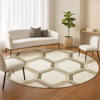 8' Ivory And Brown Round Geometric Washable Indoor Outdoor Area Rug