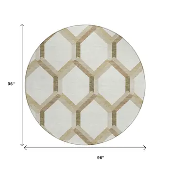 8' Ivory And Brown Round Geometric Washable Indoor Outdoor Area Rug