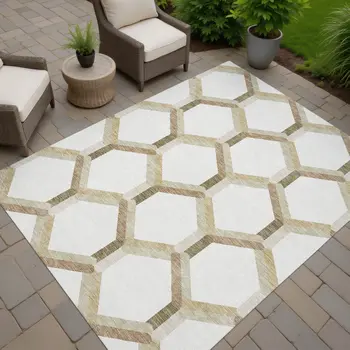 9' X 12' Ivory And Brown Geometric Washable Indoor Outdoor Area Rug