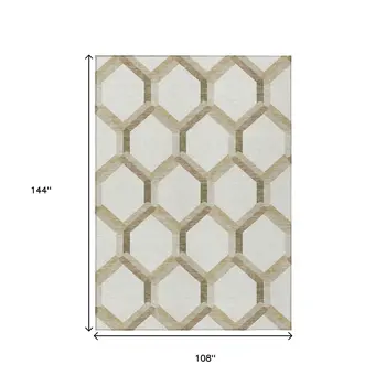 9' X 12' Ivory And Brown Geometric Washable Indoor Outdoor Area Rug