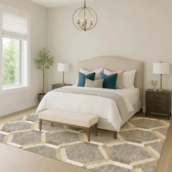 5' X 8' Taupe Beige And Ivory Geometric Washable Indoor Outdoor Area Rug