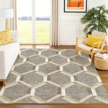5' X 8' Taupe Beige And Ivory Geometric Washable Indoor Outdoor Area Rug