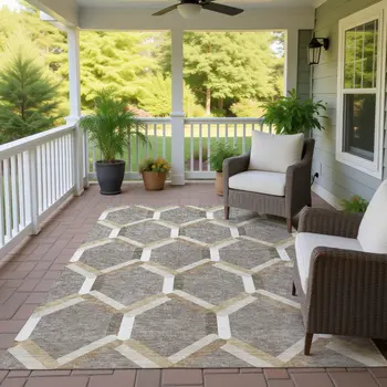 5' X 8' Taupe Beige And Ivory Geometric Washable Indoor Outdoor Area Rug