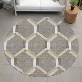 8' Taupe Beige And Ivory Round Geometric Washable Indoor Outdoor Area Rug