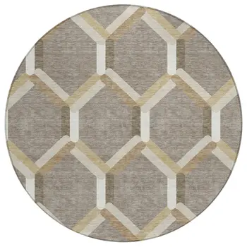 8' Taupe Beige And Ivory Round Geometric Washable Indoor Outdoor Area Rug