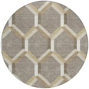 8' Taupe Beige And Ivory Round Geometric Washable Indoor Outdoor Area Rug