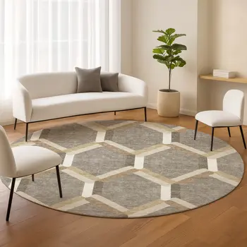 8' Taupe Beige And Ivory Round Geometric Washable Indoor Outdoor Area Rug