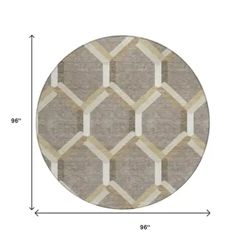 8' Taupe Beige And Ivory Round Geometric Washable Indoor Outdoor Area Rug