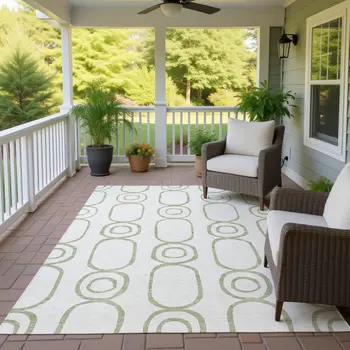 3' X 5' Artichoke Green And Ivory Geometric Washable Indoor Outdoor Area Rug