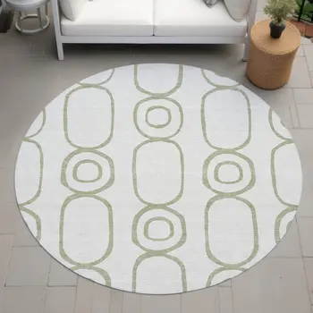 8' Artichoke Green And Ivory Round Geometric Washable Indoor Outdoor Area Rug