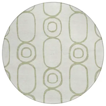 8' Artichoke Green And Ivory Round Geometric Washable Indoor Outdoor Area Rug