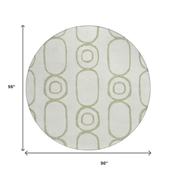 8' Artichoke Green And Ivory Round Geometric Washable Indoor Outdoor Area Rug