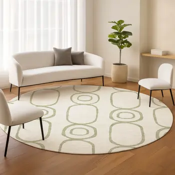 8' Artichoke Green And Ivory Round Geometric Washable Indoor Outdoor Area Rug
