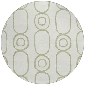 8' Artichoke Green And Ivory Round Geometric Washable Indoor Outdoor Area Rug