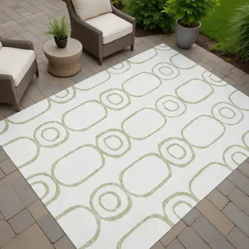 9' X 12' Artichoke Green And Ivory Geometric Washable Indoor Outdoor Area Rug