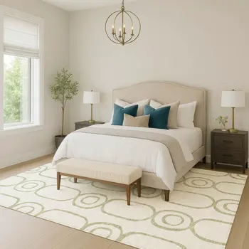 9' X 12' Artichoke Green And Ivory Geometric Washable Indoor Outdoor Area Rug