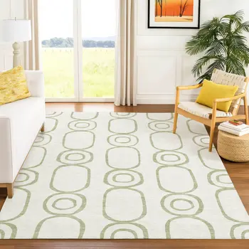 10' X 14' Artichoke Green And Ivory Geometric Washable Indoor Outdoor Area Rug