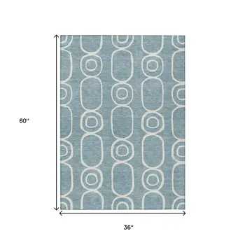 3' X 5' Aqua And Ivory Geometric Washable Indoor Outdoor Area Rug