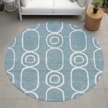 8' Aqua And Ivory Round Geometric Washable Indoor Outdoor Area Rug