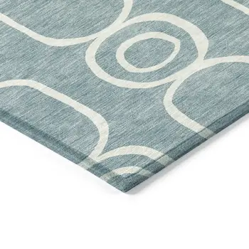 8' Aqua And Ivory Round Geometric Washable Indoor Outdoor Area Rug