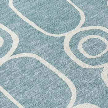 8' Aqua And Ivory Round Geometric Washable Indoor Outdoor Area Rug