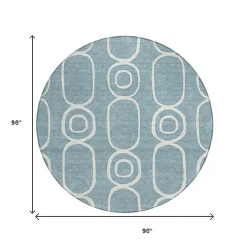 8' Aqua And Ivory Round Geometric Washable Indoor Outdoor Area Rug