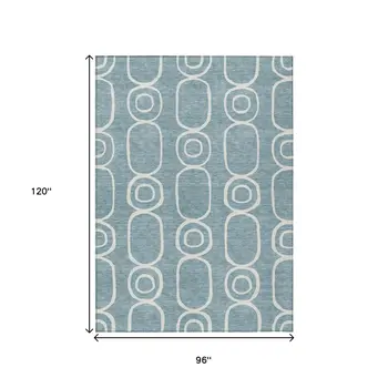 8' X 10' Aqua And Ivory Geometric Washable Indoor Outdoor Area Rug