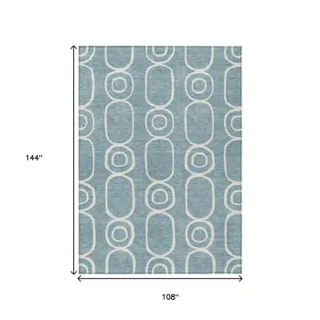 9' X 12' Aqua And Ivory Geometric Washable Indoor Outdoor Area Rug
