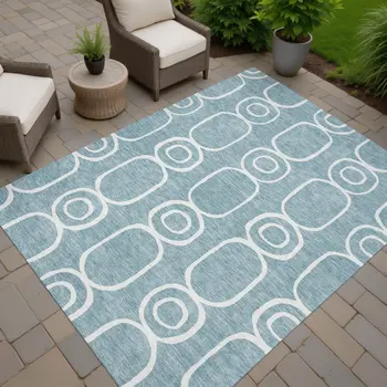10' X 14' Aqua And Ivory Geometric Washable Indoor Outdoor Area Rug