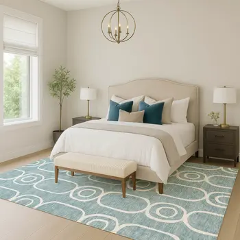 10' X 14' Aqua And Ivory Geometric Washable Indoor Outdoor Area Rug